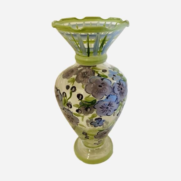 Vintage TRACY PORTER Hand-Painted Glass Bud Vase Purple Flowers Ruffled Rim 6.5” - Picture 8 of 10